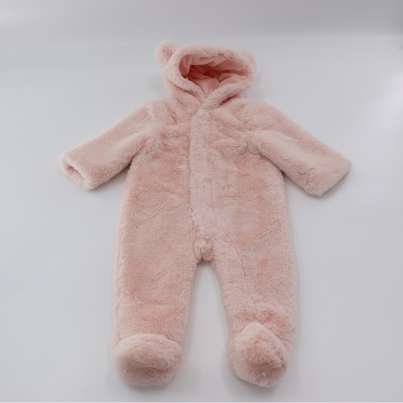 NWOT Janie and Jack Size 0-3 Mo Pink Faux Fur Hooded One Piece Ears Lined Snaps - Picture 1 of 15
